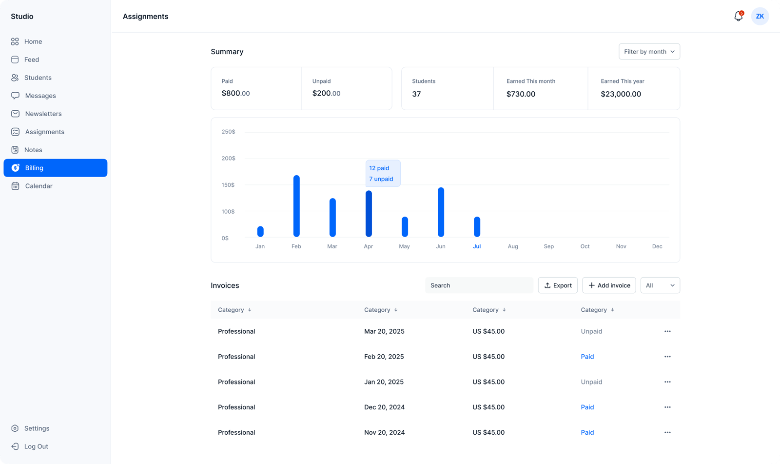 Billing page screenshot